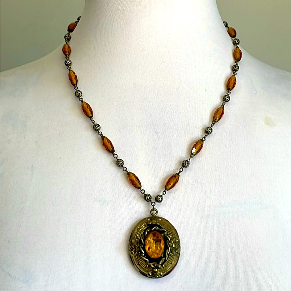 Antique Czech Topaz Glass Beads Brass Filigree 1920's Pendent in Victorian Style